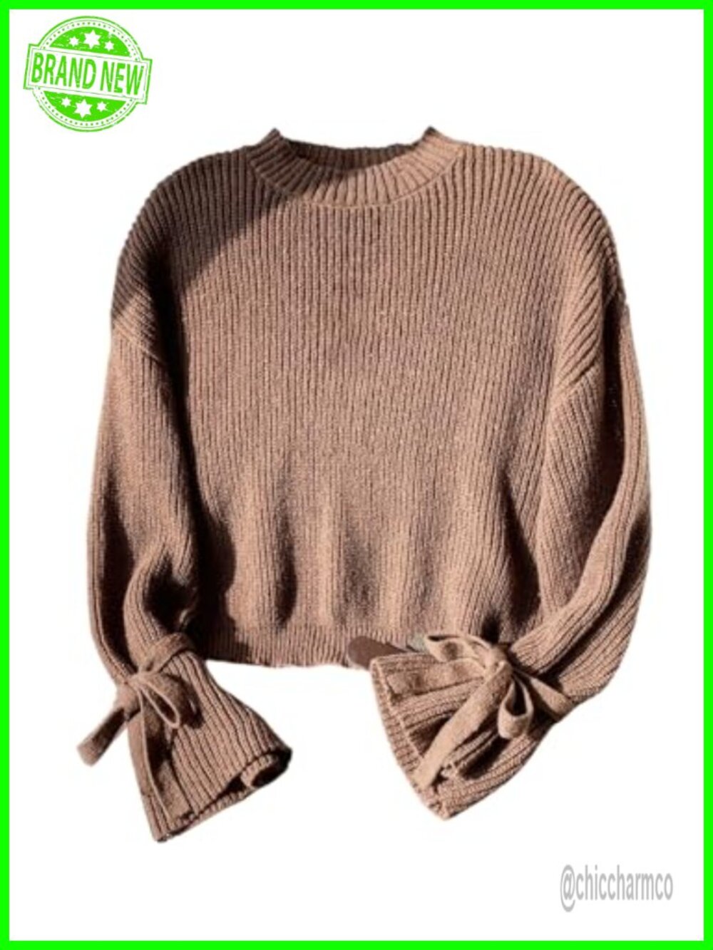 Women's Oversized Ribbed Knit Bow Sweater Bell Sleeve Mock Neck Pullover